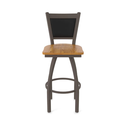 Swivel Counter Stool with Bronze Finish and Medium Oak Seat and Black Vinyl Back