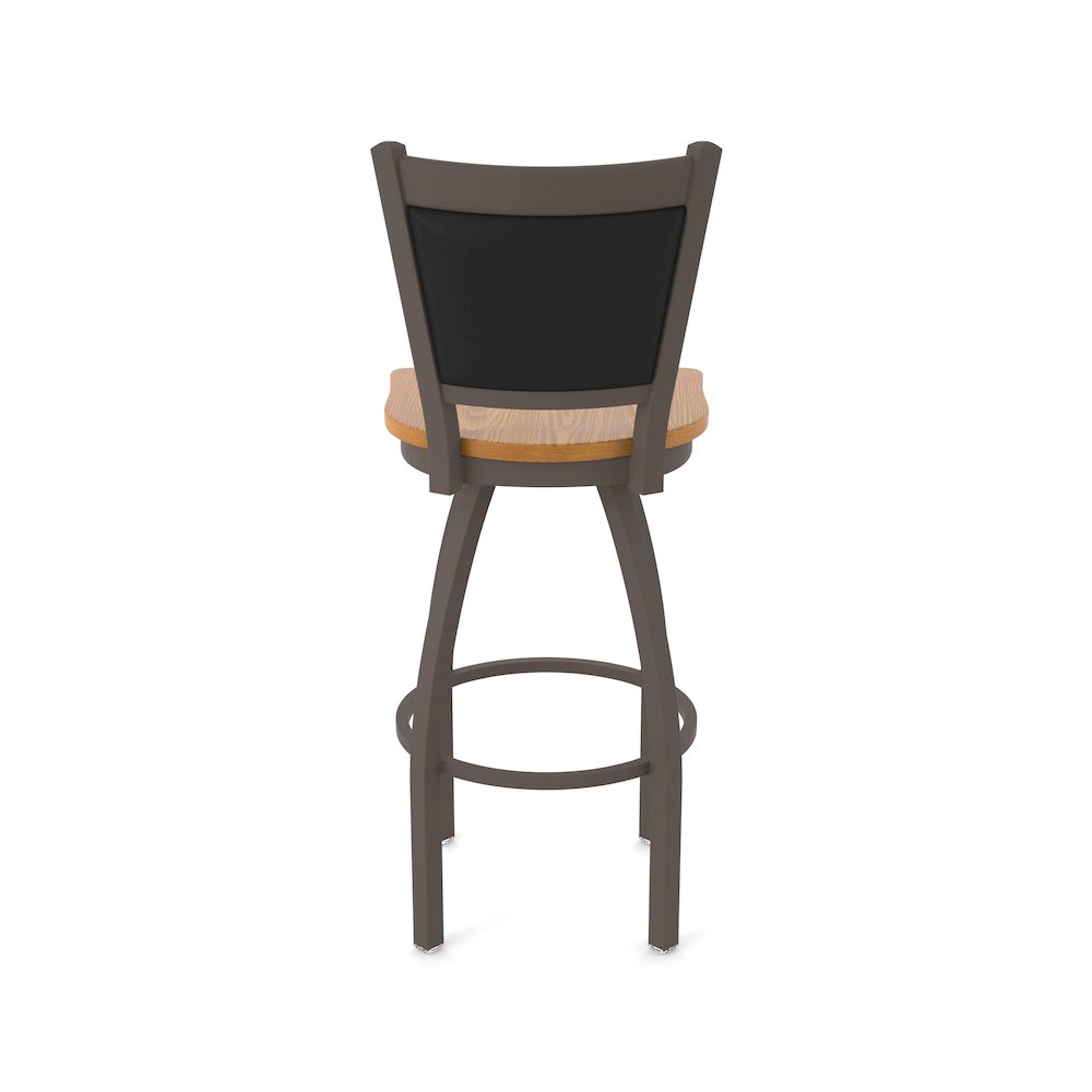 Swivel Counter Stool with Bronze Finish and Medium Oak Seat and Black Vinyl Back