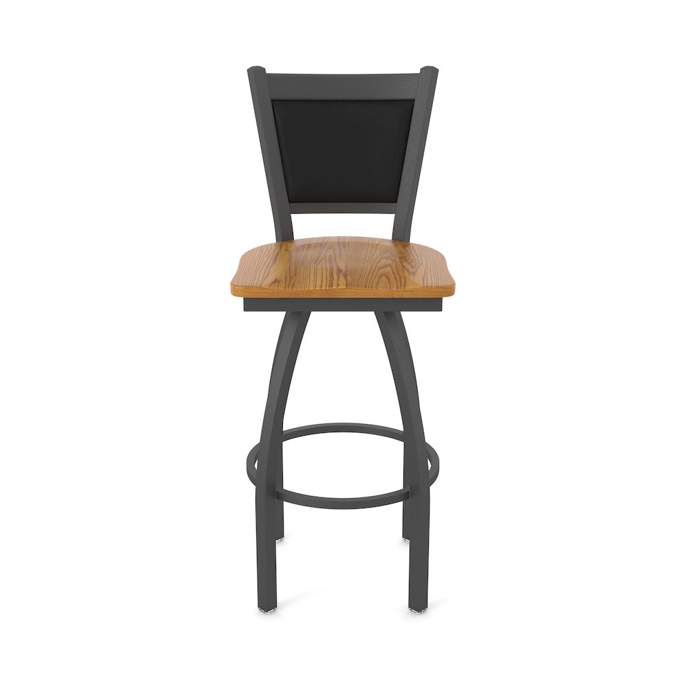 Swivel Counter Stool with Pewter Finish and Medium Oak Seat and Black Vinyl Back