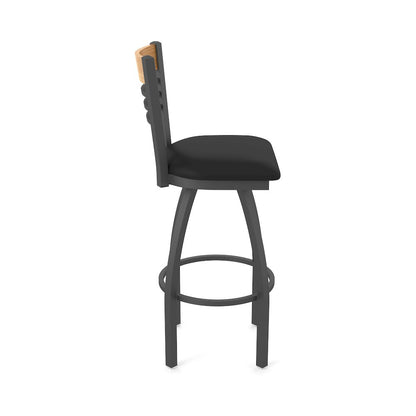25" Swivel Counter Stool, Pewter Finish, Medium Back, Black Vinyl Seat