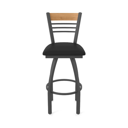 25" Swivel Counter Stool, Pewter Finish, Medium Back, Black Vinyl Seat