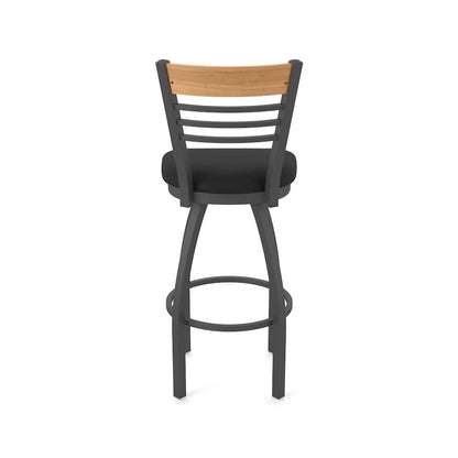 25" Swivel Counter Stool, Pewter Finish, Medium Back, Black Vinyl Seat