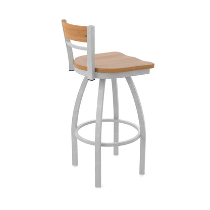 25" Swivel Counter Stool, Anodized Nickel Finish, Medium Back, Medium Maple Seat