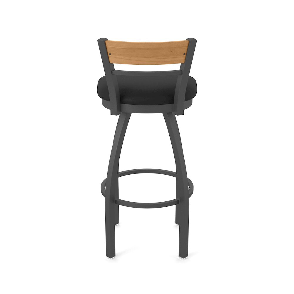 25" Swivel Counter Stool, Pewter Finish, Medium Back, Black Vinyl Seat