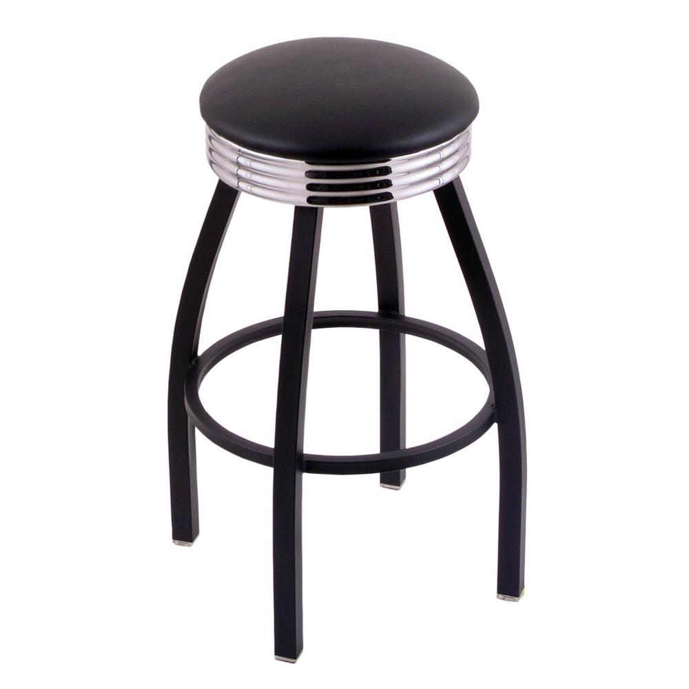 C8B3C Classic Series 25" Counter Stool with Black Wrinkle Finish, Ribbed Chrome Accent Ring, Black Vinyl Seat, and 360 swivel