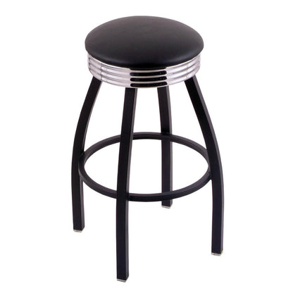 C8B3C Classic Series 25" Counter Stool with Black Wrinkle Finish, Ribbed Chrome Accent Ring, Black Vinyl Seat, and 360 swivel