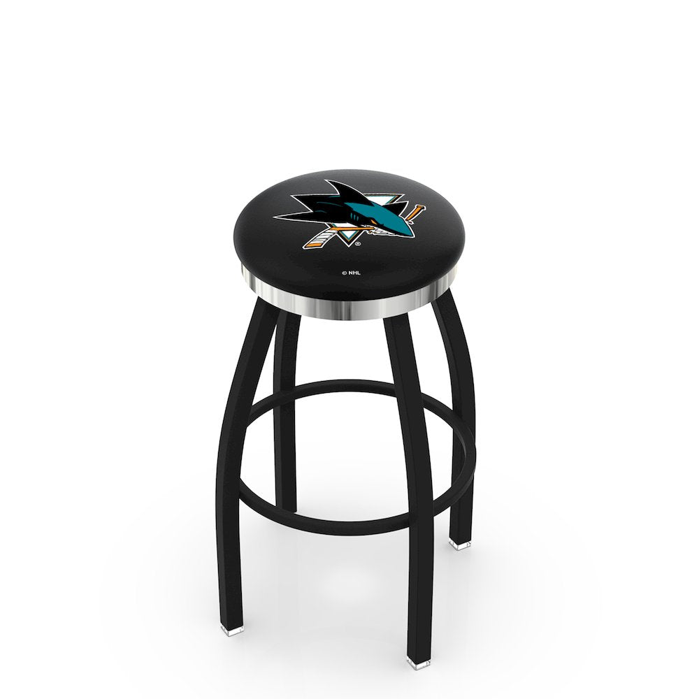 36" L8B2C - Black Wrinkle San Jose Sharks Swivel Bar Stool with Chrome Accent Ring by Holland Bar Stool Company