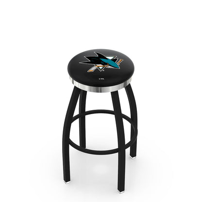 36" L8B2C - Black Wrinkle San Jose Sharks Swivel Bar Stool with Chrome Accent Ring by Holland Bar Stool Company