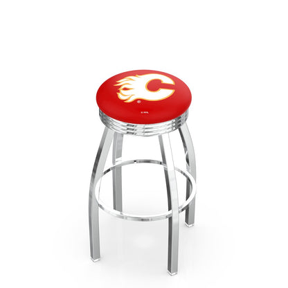 25" L8C3C - Chrome Calgary Flames Swivel Bar Stool with 2.5" Ribbed Accent Ring by Holland Bar Stool Company