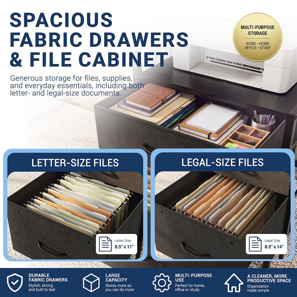 Convertible Straight/L-Shaped Desk, LED Lights & Fabric Drawers, 3 Power Outlets