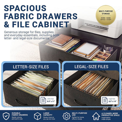 Convertible Straight/L-Shaped Desk, LED Lights & Fabric Drawers, 3 Power Outlets