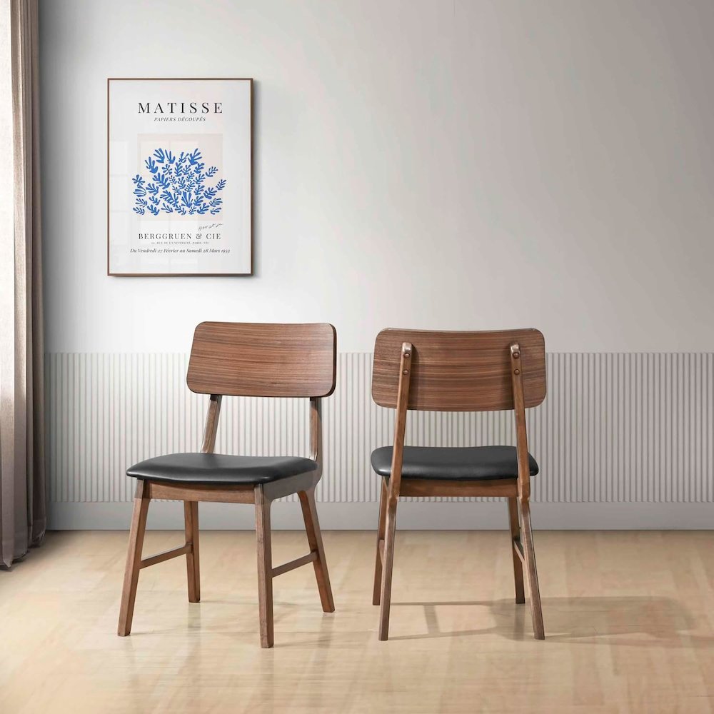 Thea Wood Back Side Chair with Black Seat (Set of 2), Walnut