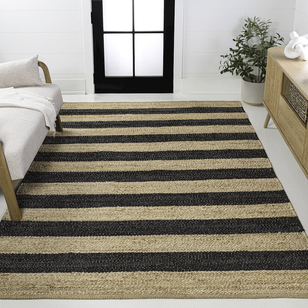 Jayden Rustic Farmhouse Woven Jute Stripe Natural/Black 4 ft. x 6 ft. Area Rug