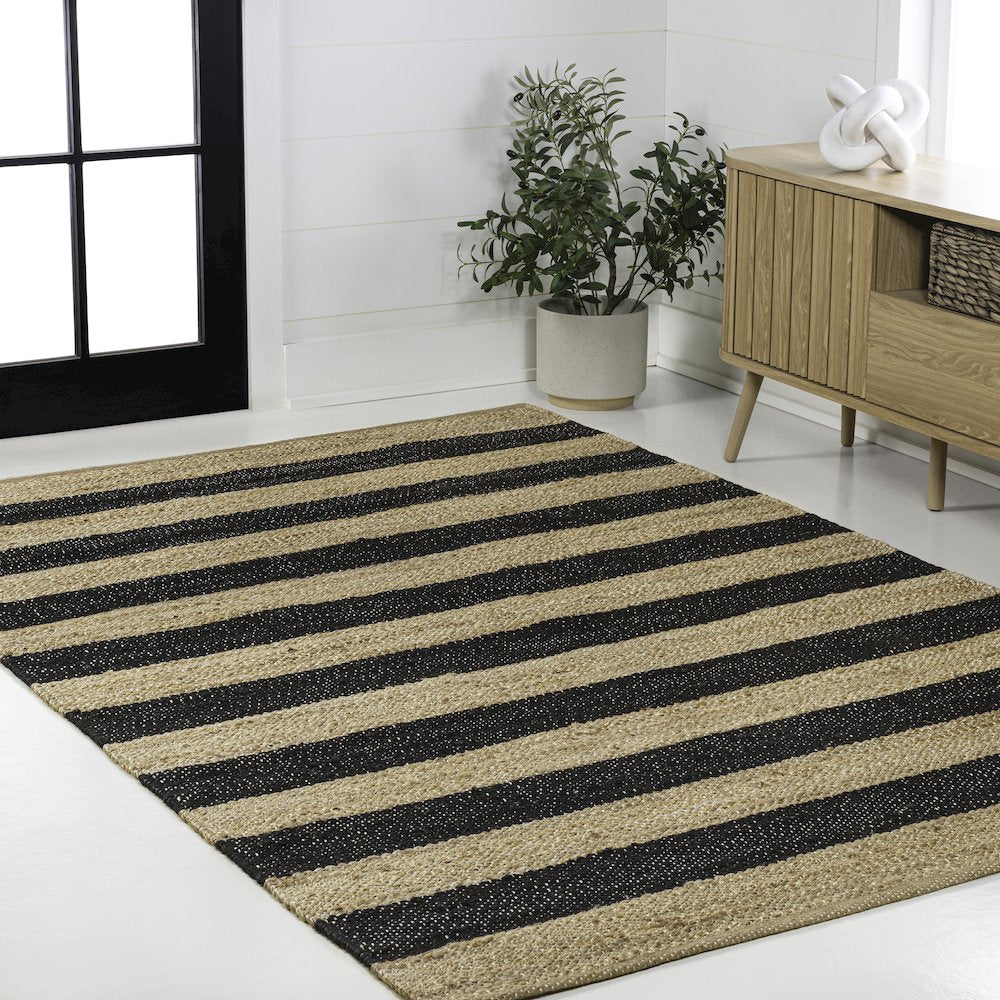 Jayden Rustic Farmhouse Woven Jute Stripe Natural/Black 4 ft. x 6 ft. Area Rug