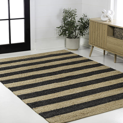 Jayden Rustic Farmhouse Woven Jute Stripe Natural/Black 4 ft. x 6 ft. Area Rug