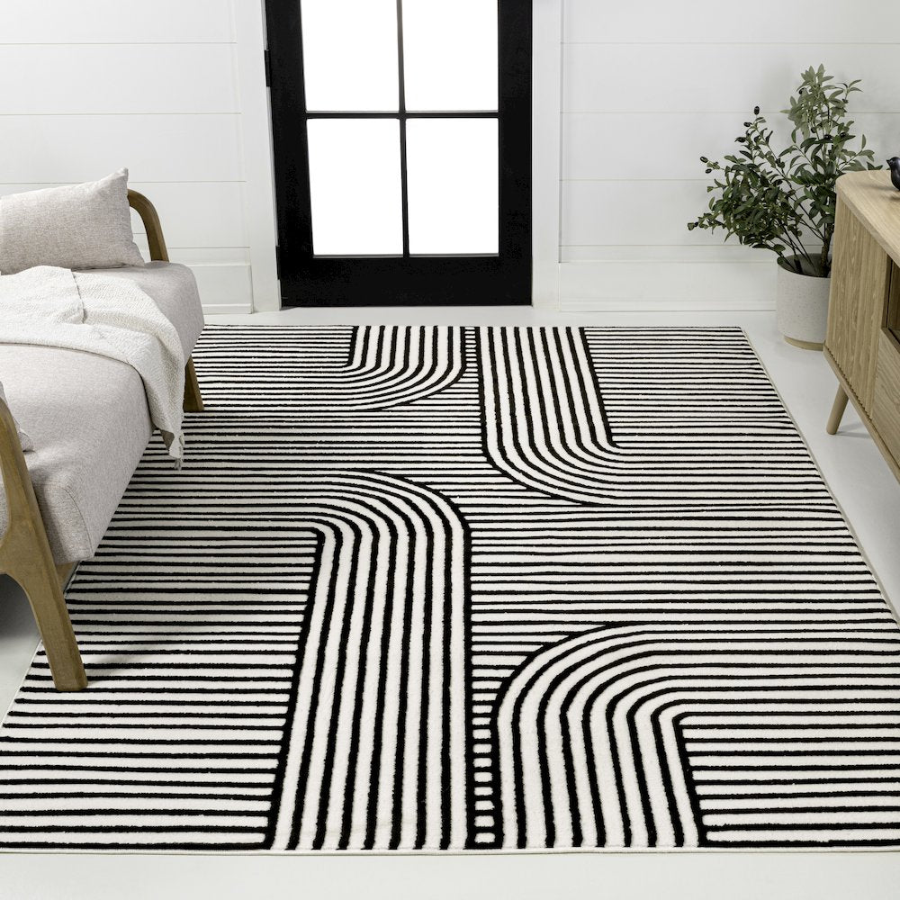Anders MidCentury Modern Arch Stripe Two-Tone High-Low Black/White Area Rug