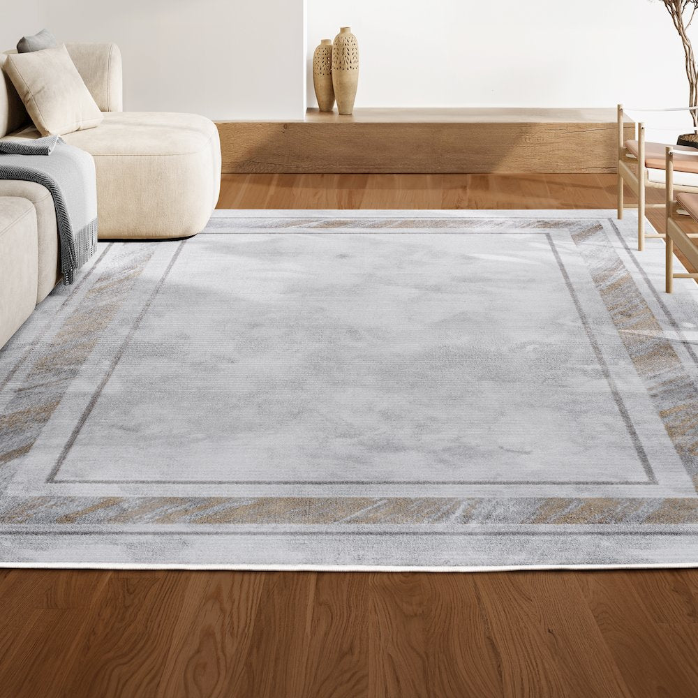 Athens Classic Border Marble Pattern High-Low Area Rug