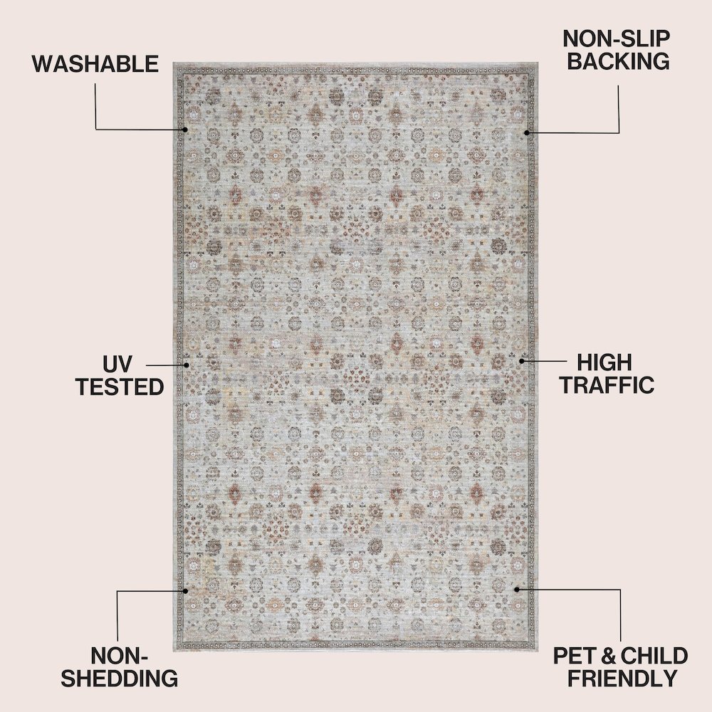 Petunia Distressed All-Over Floral Border Non-Slip Machine-Washable Indoor Area