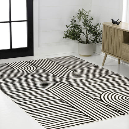 Anders MidCentury Modern Arch Stripe Two-Tone High-Low Black/White Area Rug