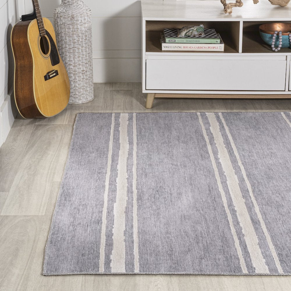 Bande Distressed Ticking Stripe Machine Washable Area Rug
