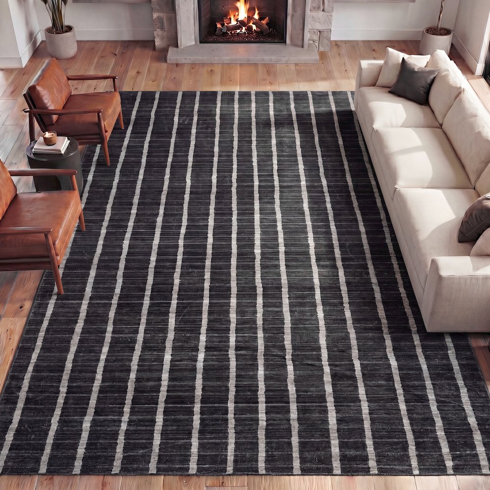 Orton Distressed Ticking Stripe Non-Slip Machine-Washable Indoor Area Rug
