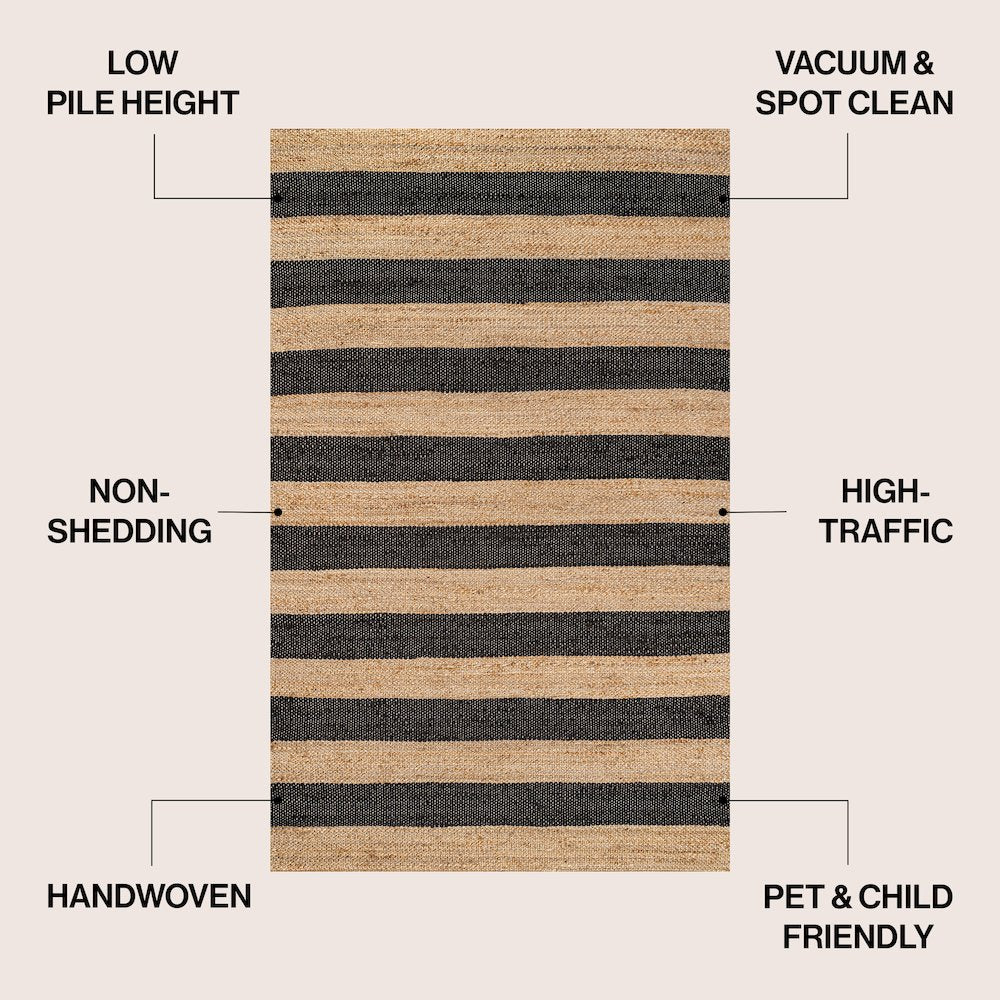 Jayden Rustic Farmhouse Woven Jute Stripe Natural/Black 4 ft. x 6 ft. Area Rug