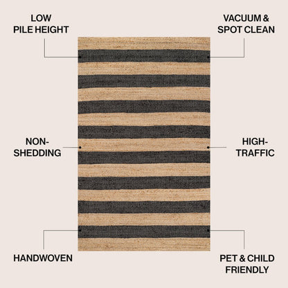 Jayden Rustic Farmhouse Woven Jute Stripe Natural/Black 4 ft. x 6 ft. Area Rug