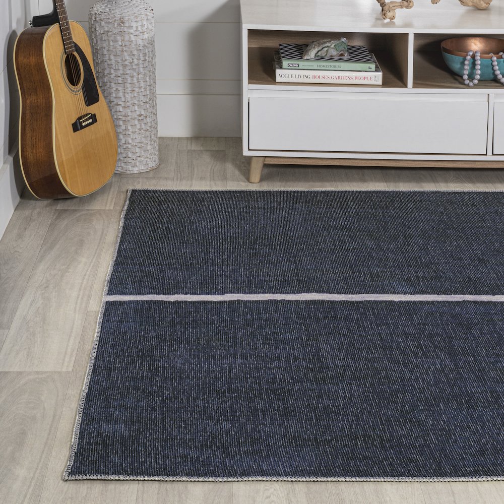 Linja Solid Centre Stripe Machine Washable Area Rug