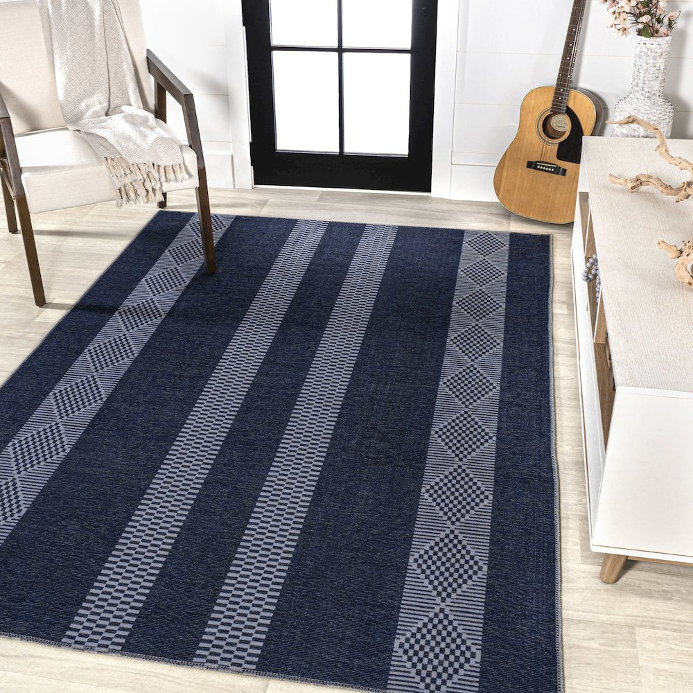 Nautisk Trellis Stripe Machine Washable Area Rug