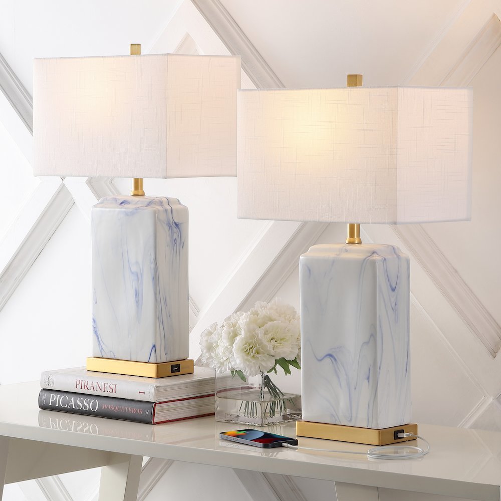 Chloe Modern Coastal Iron/Marbled Ceramic Led Table Lamp With Usb Charging Port