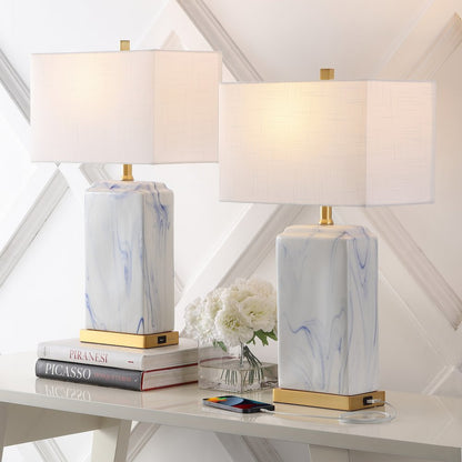 Chloe Modern Coastal Iron/Marbled Ceramic Led Table Lamp With Usb Charging Port