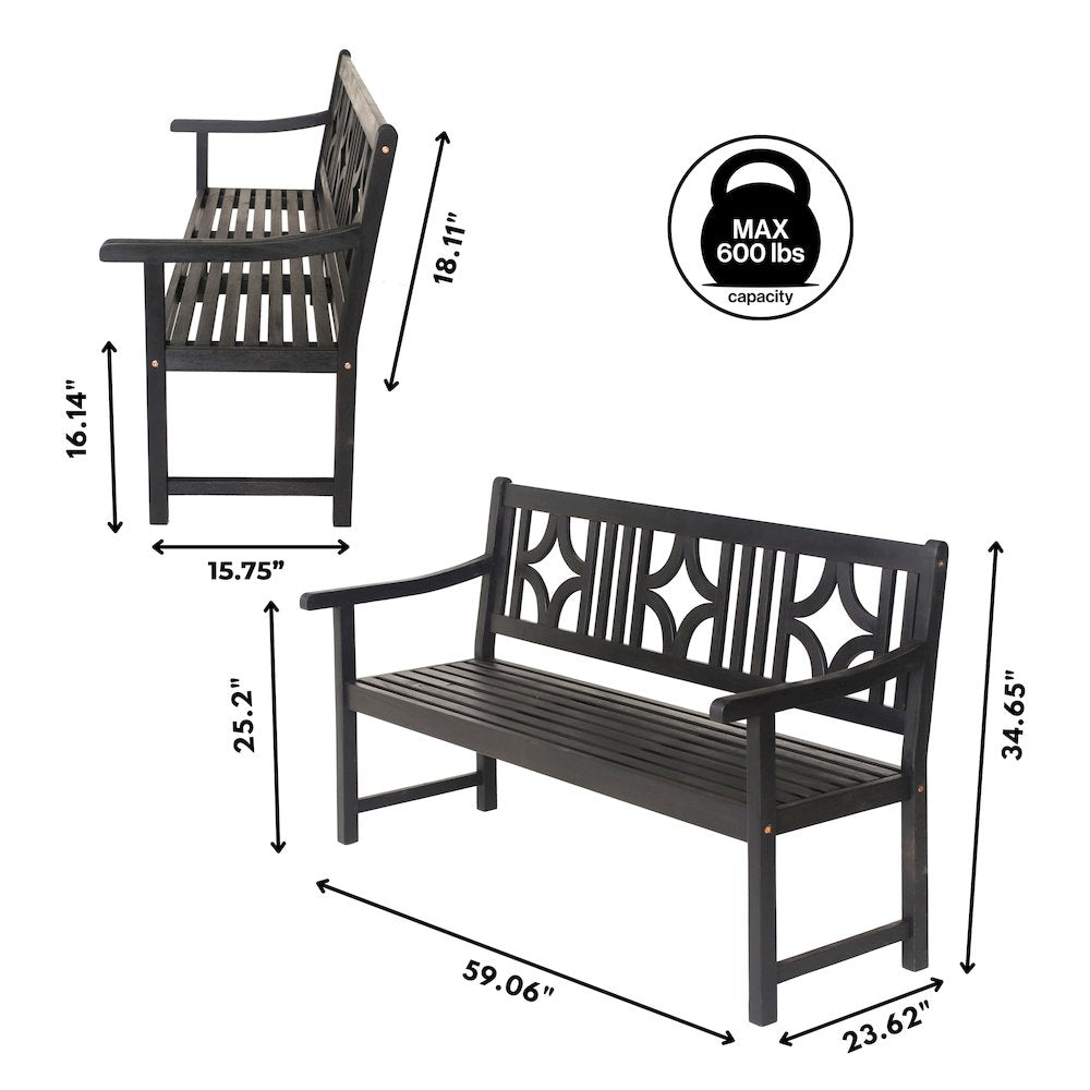 Sloane 59" Solid Acacia Wood Outdoor Bench with Geometric Back & Armrests