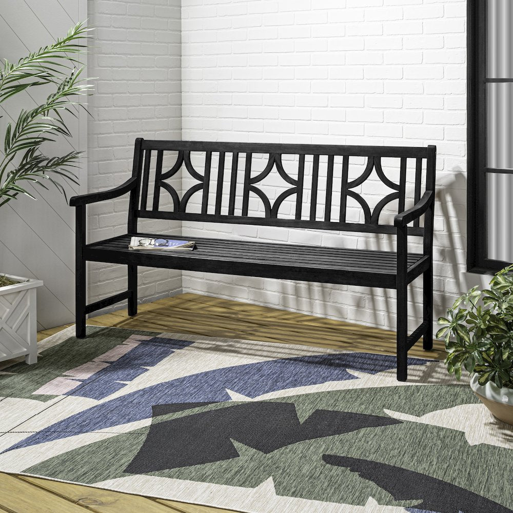 Sloane 59" Solid Acacia Wood Outdoor Bench with Geometric Back & Armrests