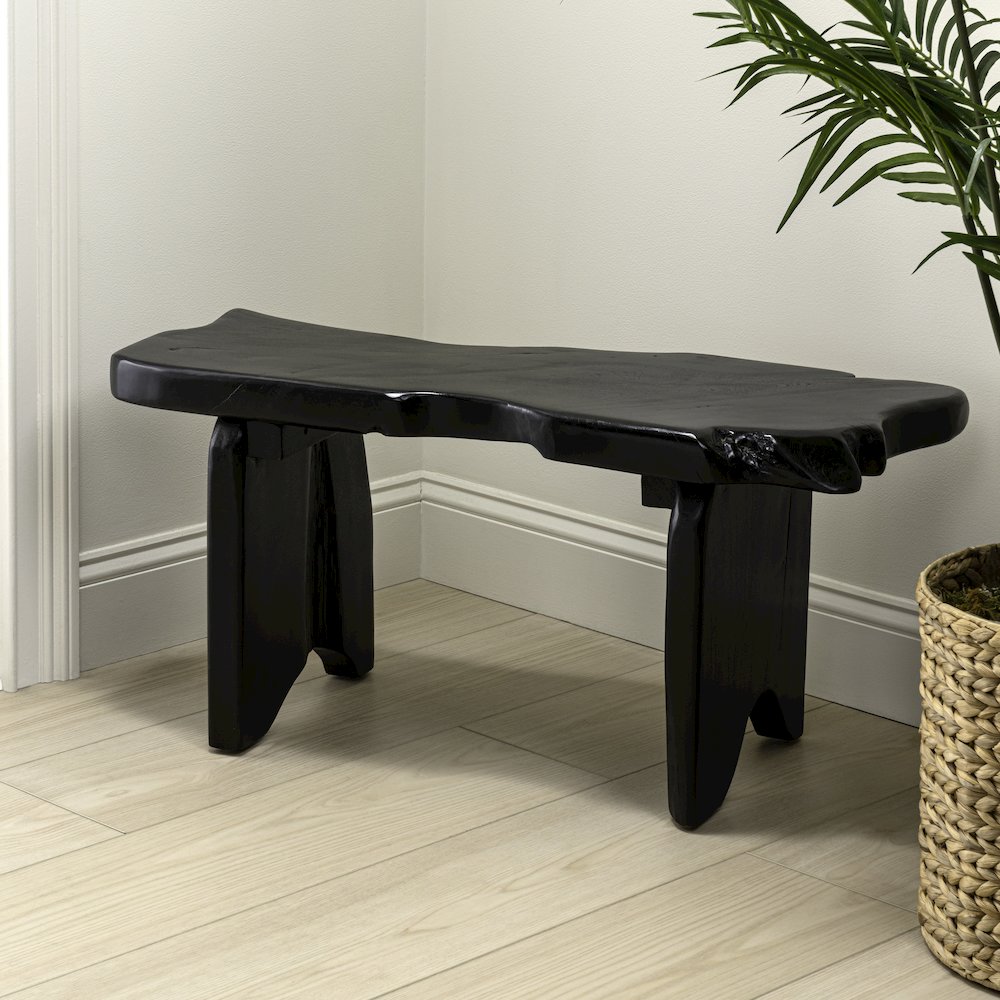 Stumpy 35.4" Rustic Minimalist Live Edge Solid Teak Wood Entryway Bench, Black
