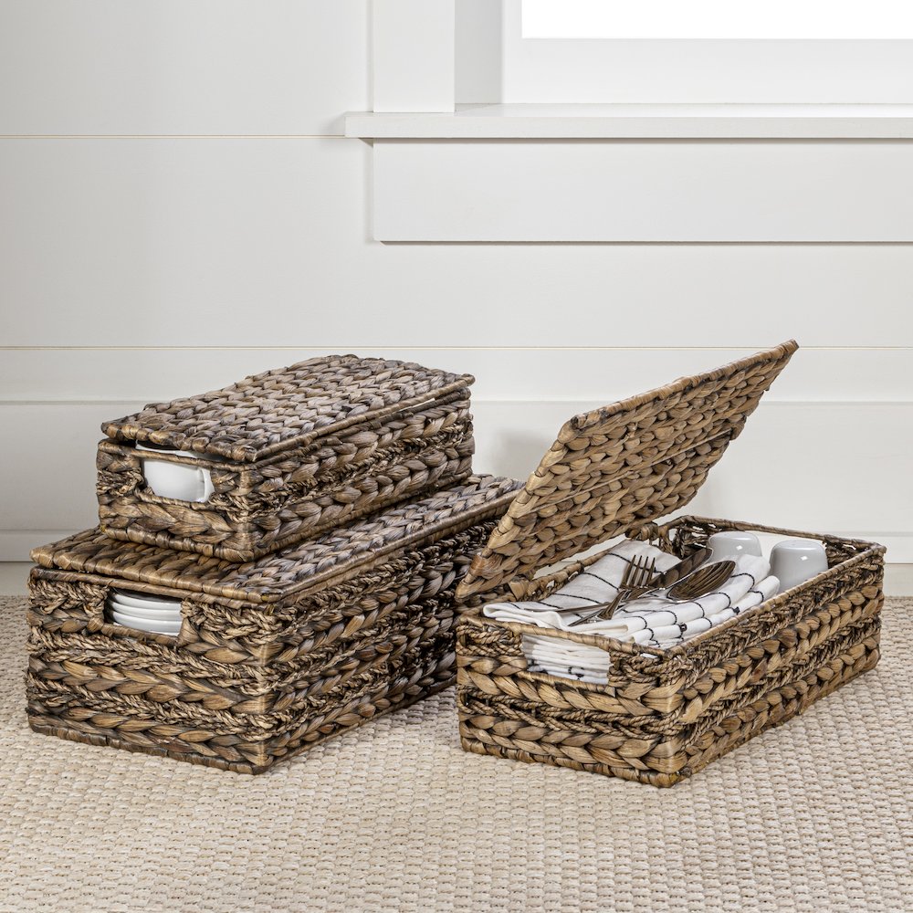 Classic Farmhouse Handwoven Hyacinth Storage Baskets with Handles and Lids