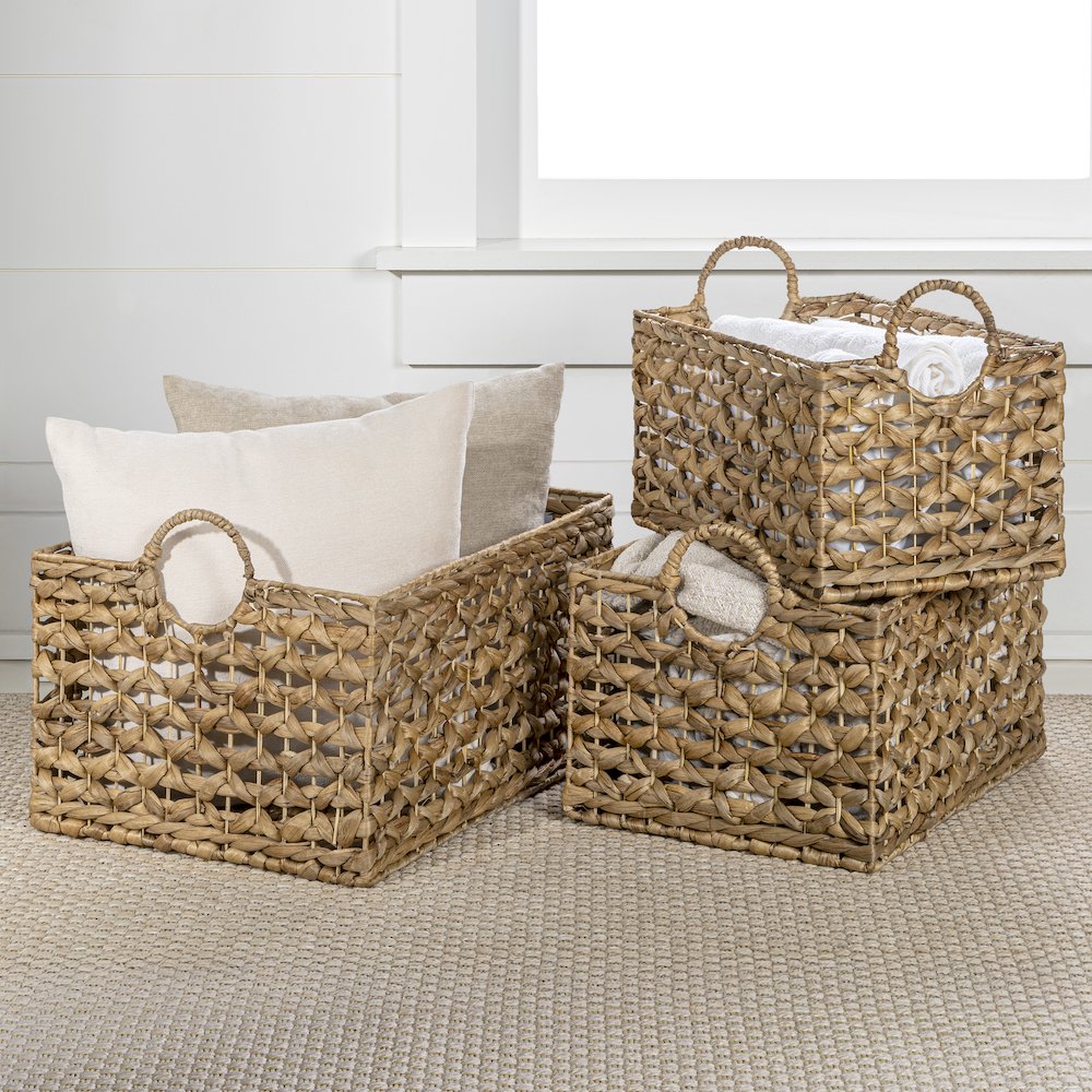 Quinn Bohemian Cottage Woven Hyacinth Rectangular Storage Baskets with Handles