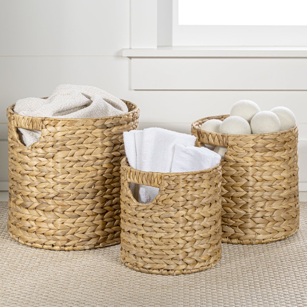 Avery Bohemian Cottage Handwoven Hyacinth Cylinder Nesting Baskets with Handles