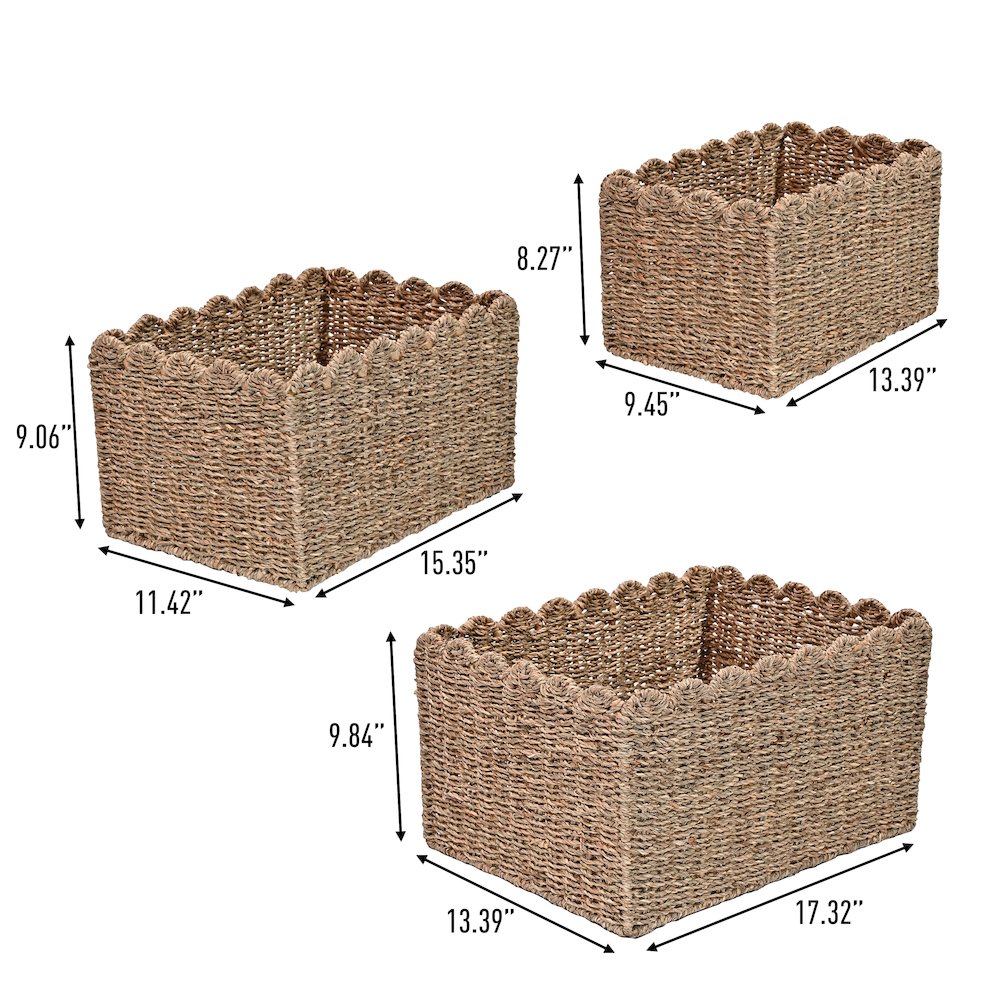 Arden Coastal Cottage Seagrass Scalloped Rectangular Organizing Storage Baskets