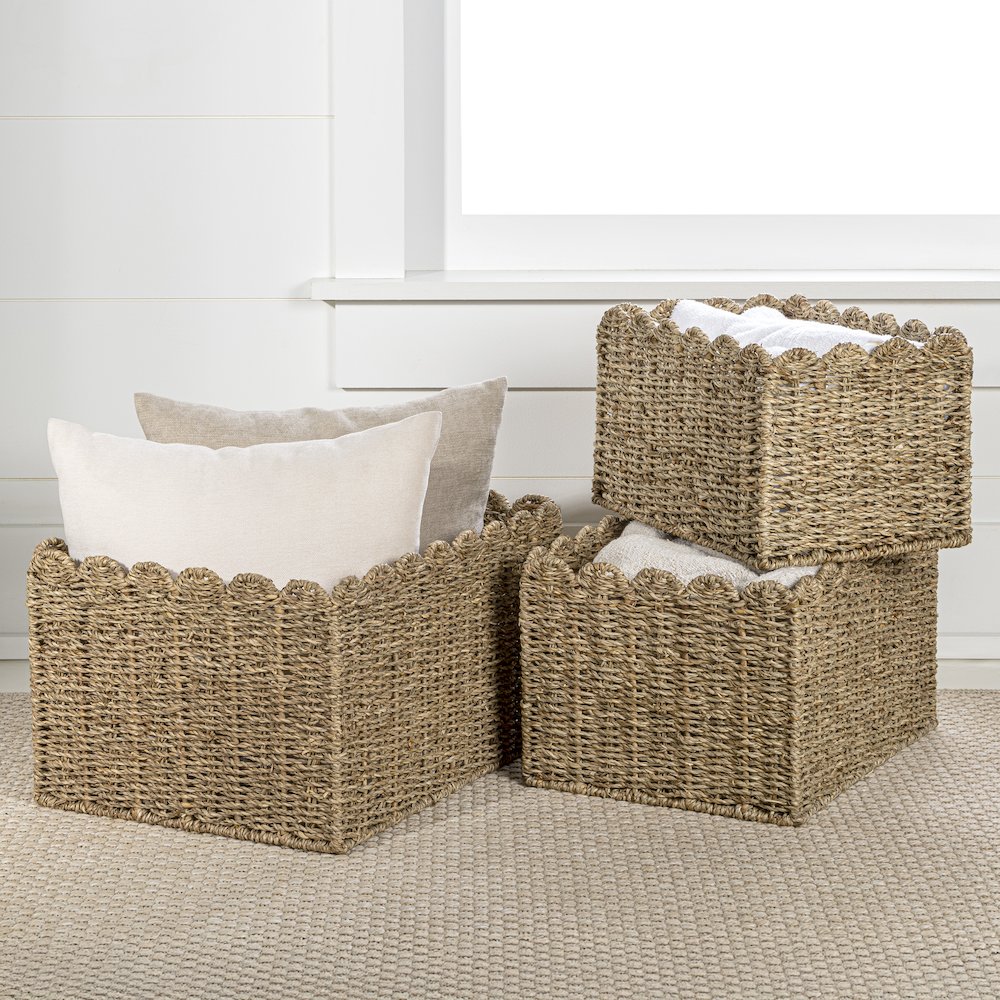 Arden Coastal Cottage Seagrass Scalloped Rectangular Organizing Storage Baskets