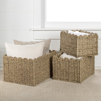 Arden Coastal Cottage Seagrass Scalloped Rectangular Organizing Storage Baskets