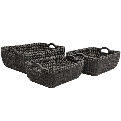 Water Hyacinth Nesting Storage Baskets with Wood Handles, Black (Set of 3)