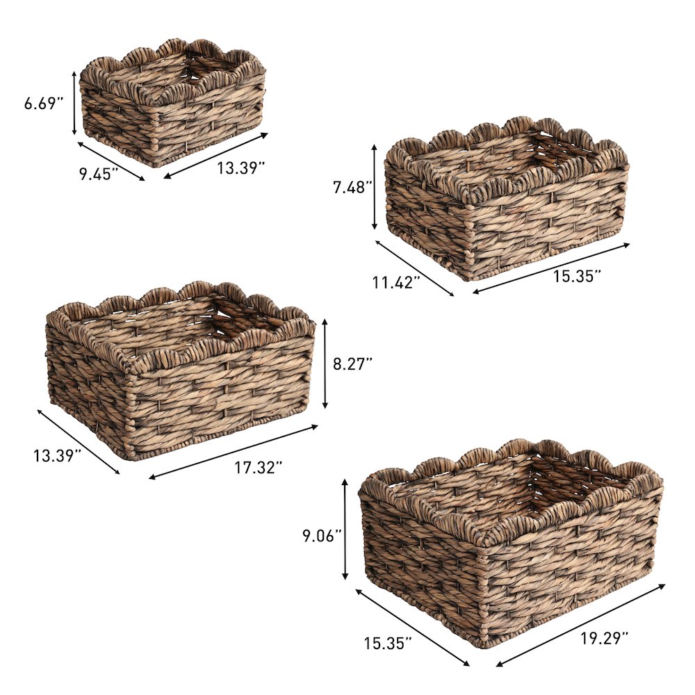 Handwoven Water Hyancinth Scalloped Nesting Storage Baskets, Brown (Set of 4)