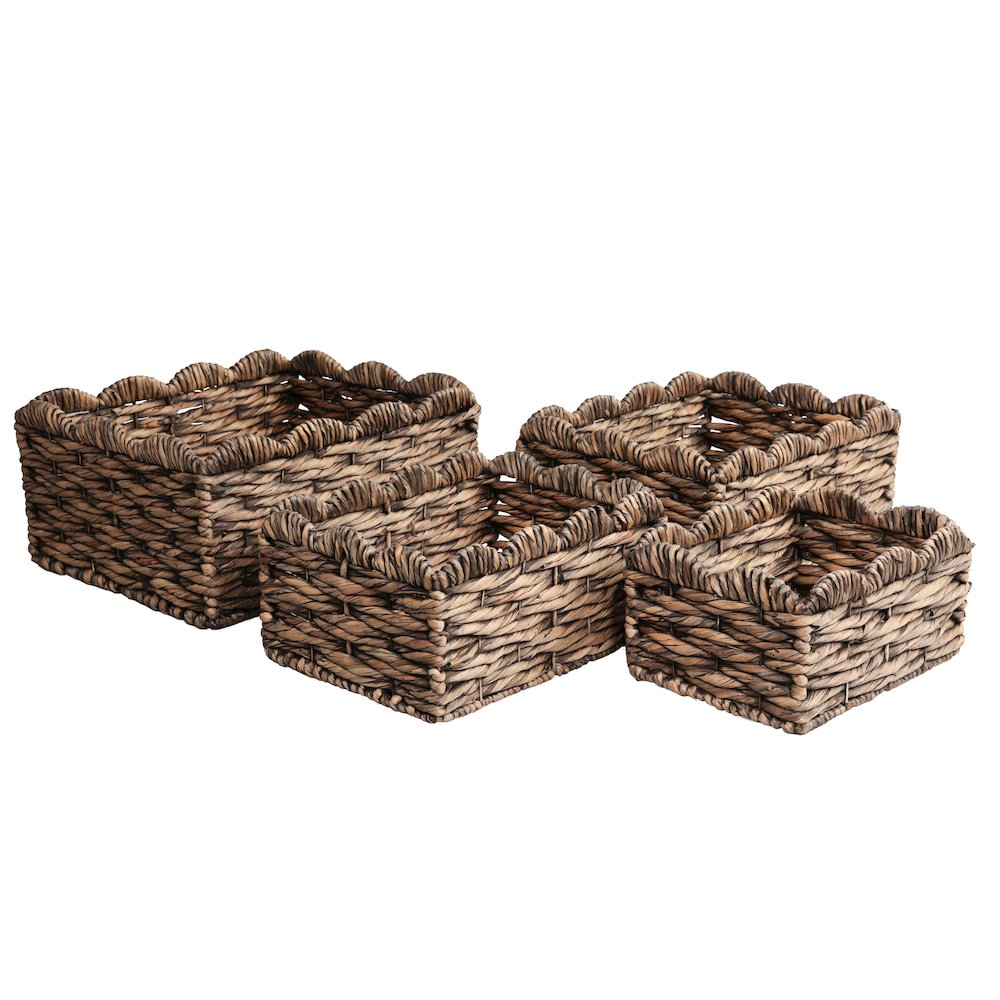 Handwoven Water Hyancinth Scalloped Nesting Storage Baskets, Brown (Set of 4)