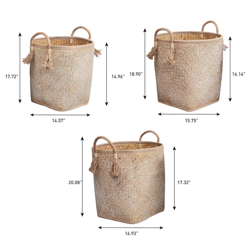 Palm Leaf Nesting Storage Baskets with Rope Handles, Natural/White (Set of 3)