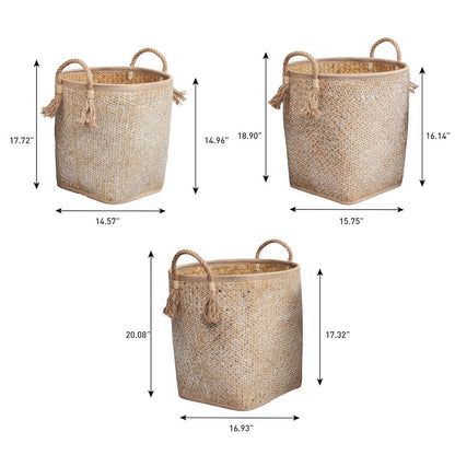 Palm Leaf Nesting Storage Baskets with Rope Handles, Natural/White (Set of 3)