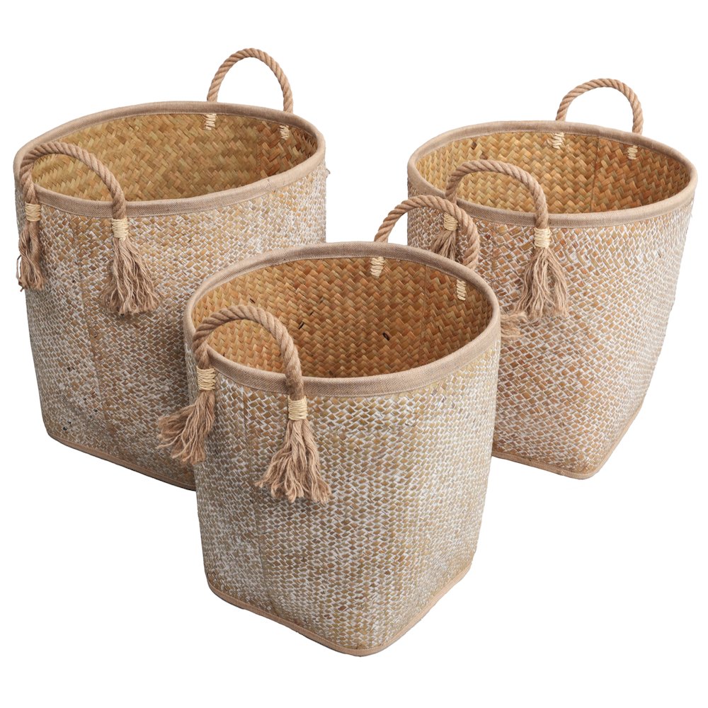 Palm Leaf Nesting Storage Baskets with Rope Handles, Natural/White (Set of 3)