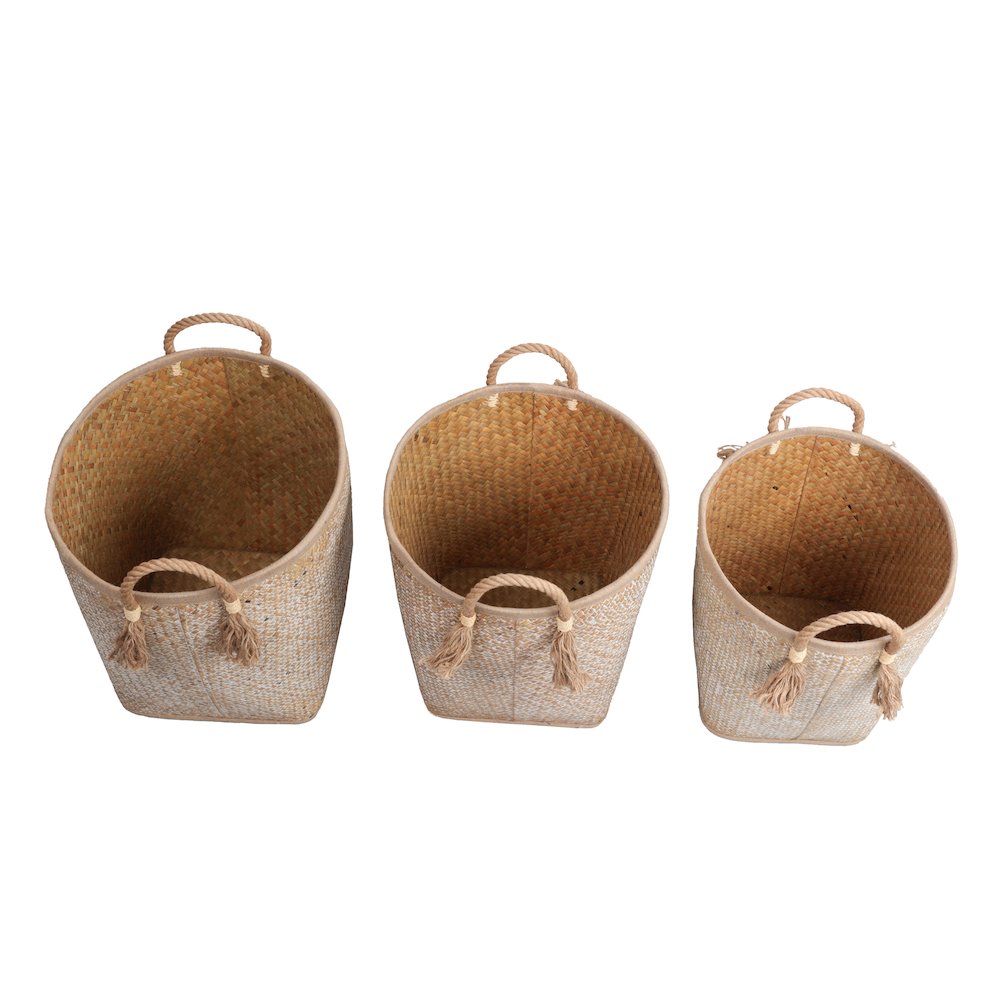 Palm Leaf Nesting Storage Baskets with Rope Handles, Natural/White (Set of 3)