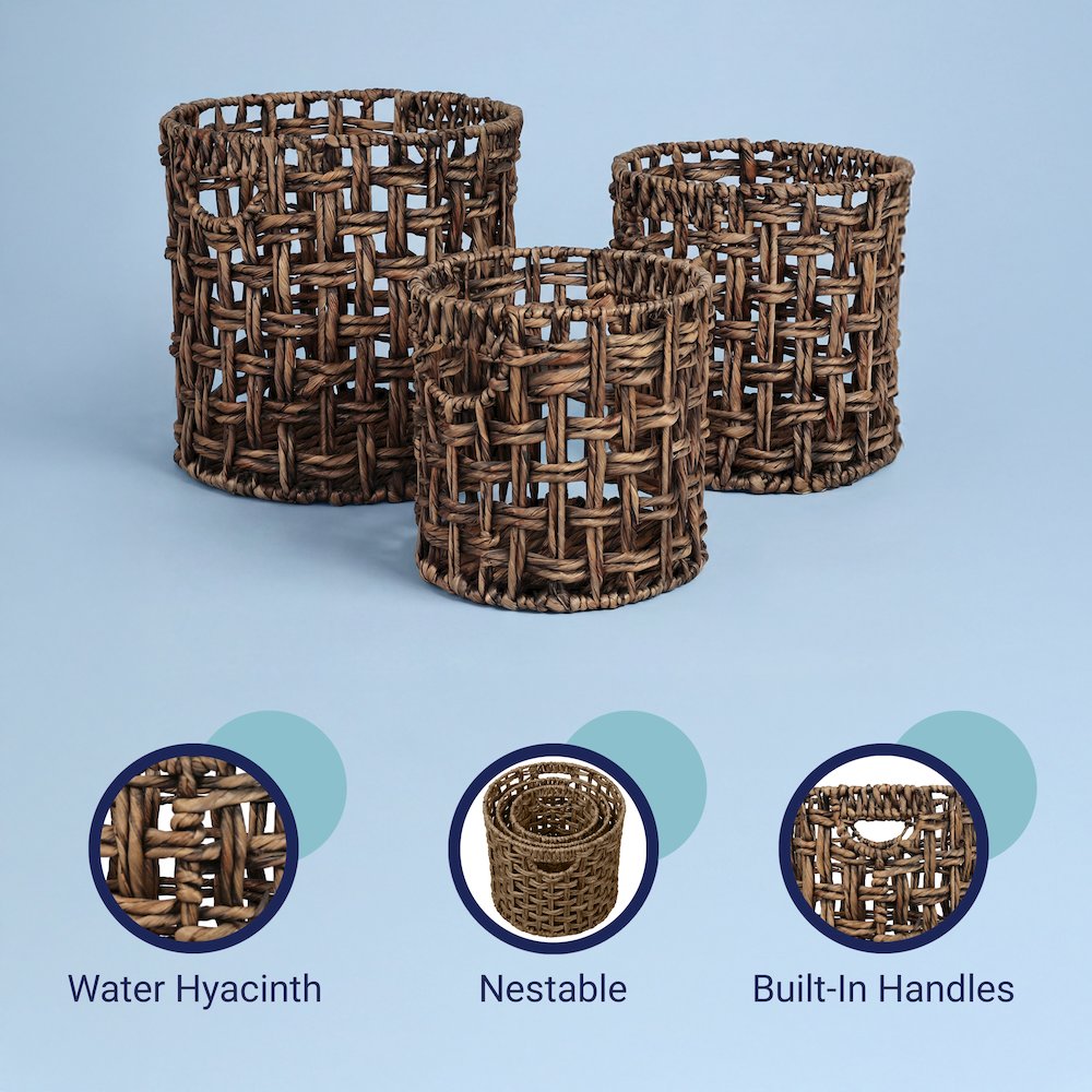 Lasuna Water Hyacinth Checker Weave Nesting Baskets, Brown (Set of 3)