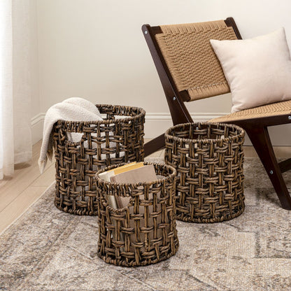 Lasuna Water Hyacinth Checker Weave Nesting Baskets, Brown (Set of 3)