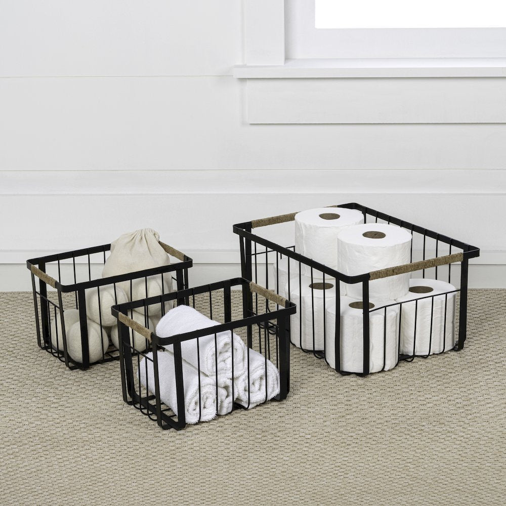 Vintage Farmhouse Handmade Wire Metal Nesting Storage Baskets, Black (Set of 3)
